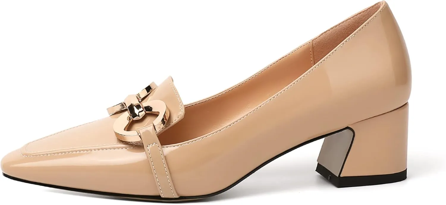 AUMOTED Women's Heels Chunky Low Block Square Toe Dress Shoes with Gold Metal Chain Wedding Party Office Patent Summer Comfortable Pumps