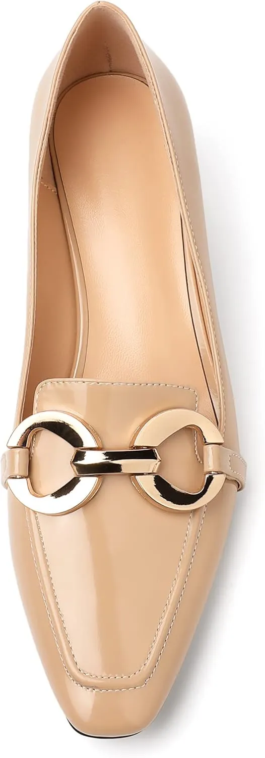 AUMOTED Women's Heels Chunky Low Block Square Toe Dress Shoes with Gold Metal Chain Wedding Party Office Patent Summer Comfortable Pumps