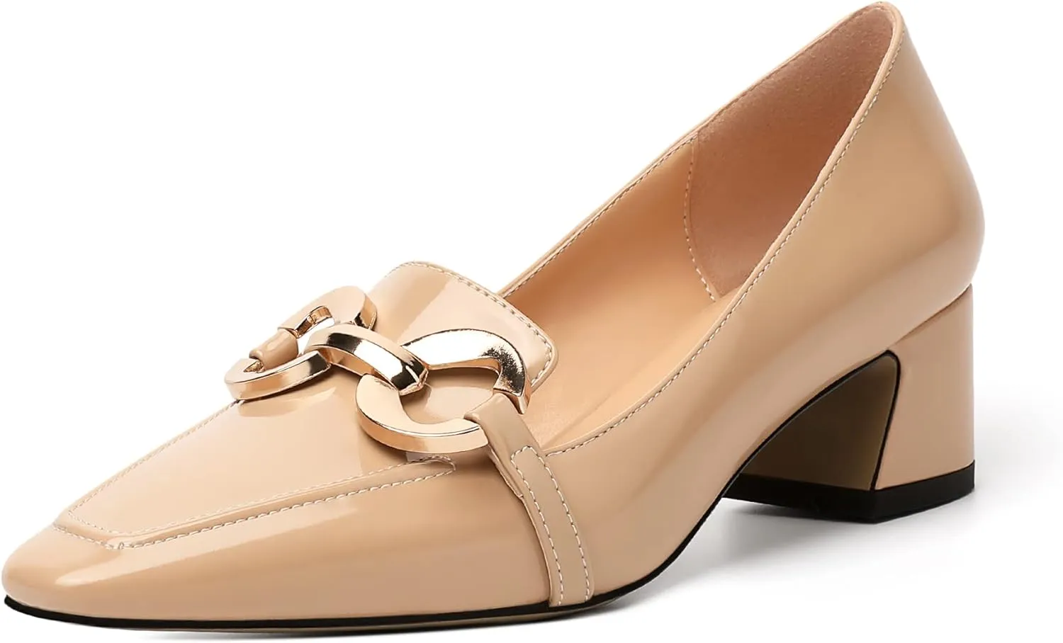 AUMOTED Women's Heels Chunky Low Block Square Toe Dress Shoes with Gold Metal Chain Wedding Party Office Patent Summer Comfortable Pumps