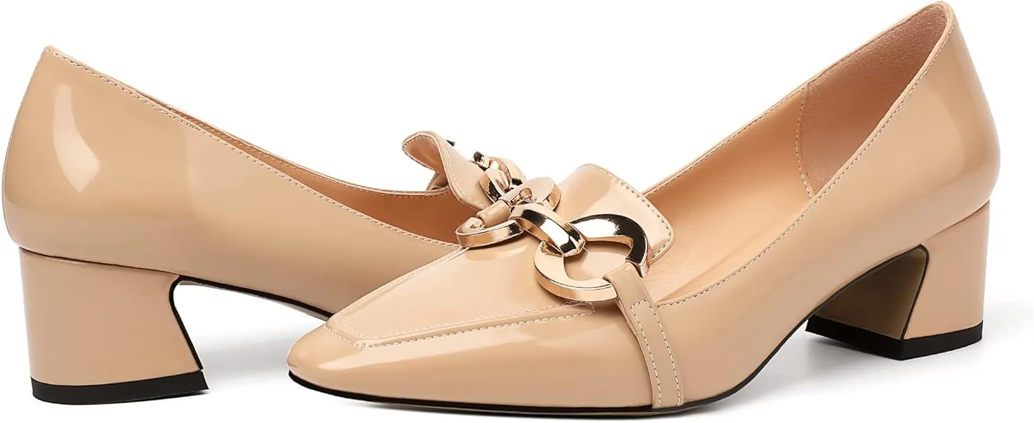 AUMOTED Women's Heels Chunky Low Block Square Toe Dress Shoes with Gold Metal Chain Wedding Party Office Patent Summer Comfortable Pumps