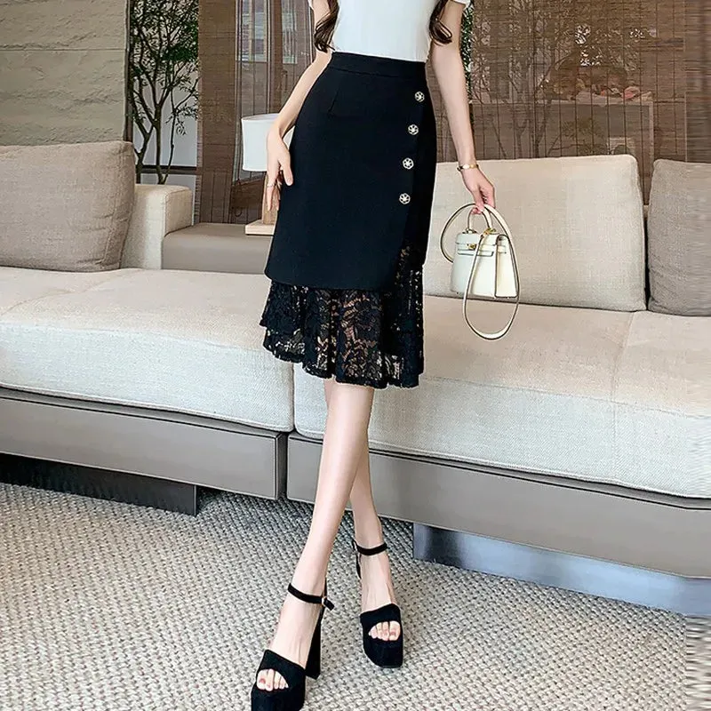 Bonnyshow High Waist Pencil Skirt Women New Arrival   Spring Korean Style Patchwork Lace Office Lady Elegant Knee-length Skirts W1548