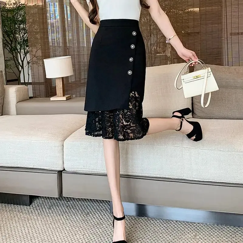 Bonnyshow High Waist Pencil Skirt Women New Arrival   Spring Korean Style Patchwork Lace Office Lady Elegant Knee-length Skirts W1548