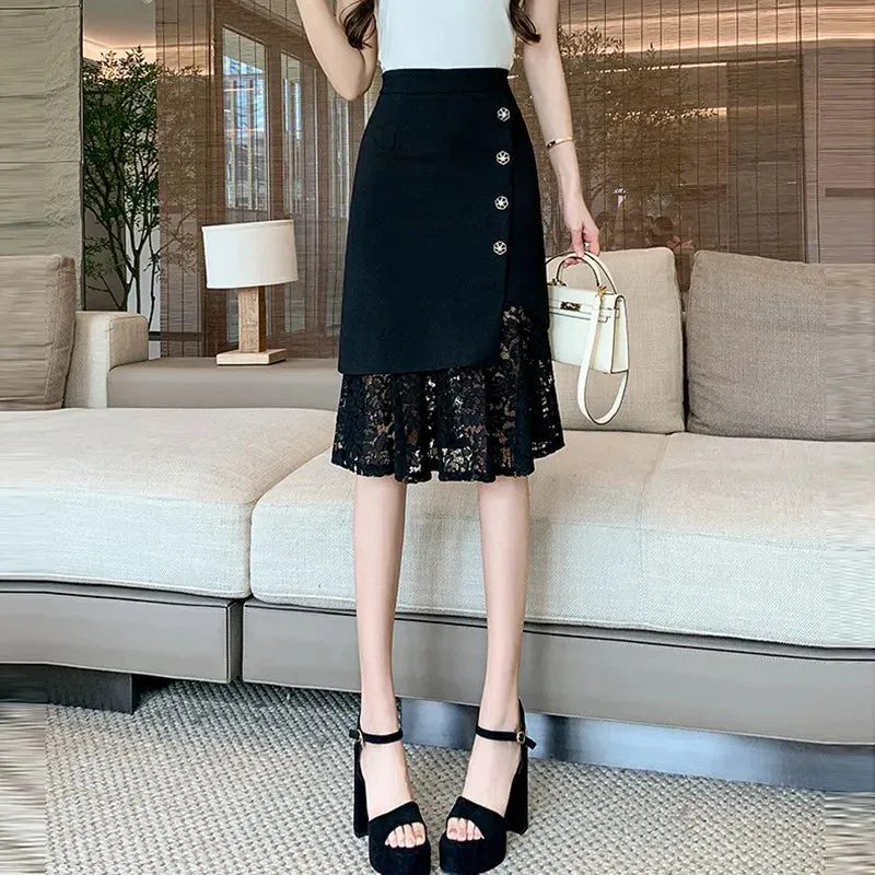 Bonnyshow High Waist Pencil Skirt Women New Arrival   Spring Korean Style Patchwork Lace Office Lady Elegant Knee-length Skirts W1548