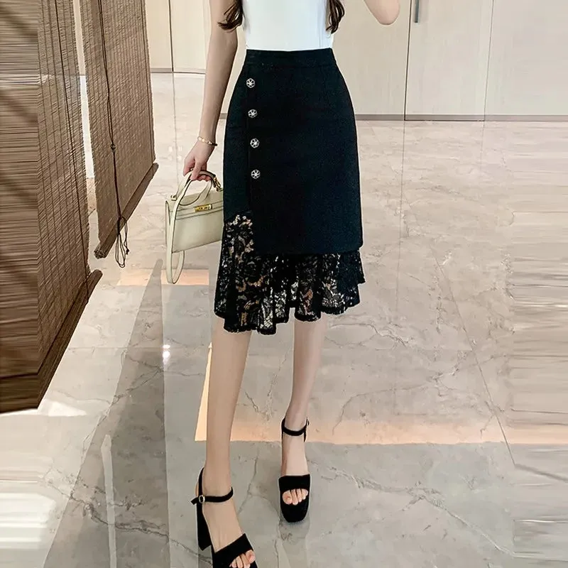 Bonnyshow High Waist Pencil Skirt Women New Arrival   Spring Korean Style Patchwork Lace Office Lady Elegant Knee-length Skirts W1548