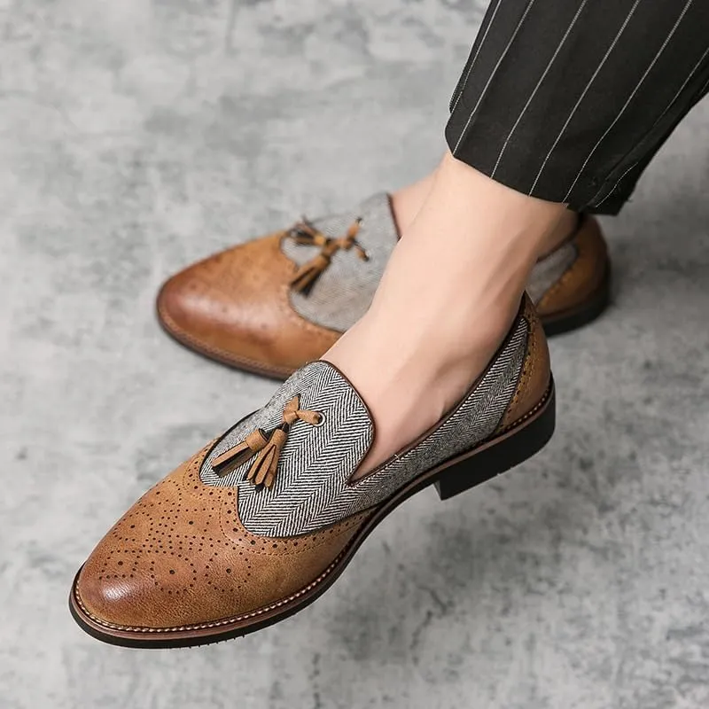 Casual Business Walking Shoes for Men Dress Oxford Shoes for Men Slip On Square Burnished Toe Wingtip Two Tone with Tassel Boat Shoes Low Top Non Slip Rubber Sole Working