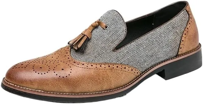 Casual Business Walking Shoes for Men Dress Oxford Shoes for Men Slip On Square Burnished Toe Wingtip Two Tone with Tassel Boat Shoes Low Top Non Slip Rubber Sole Working