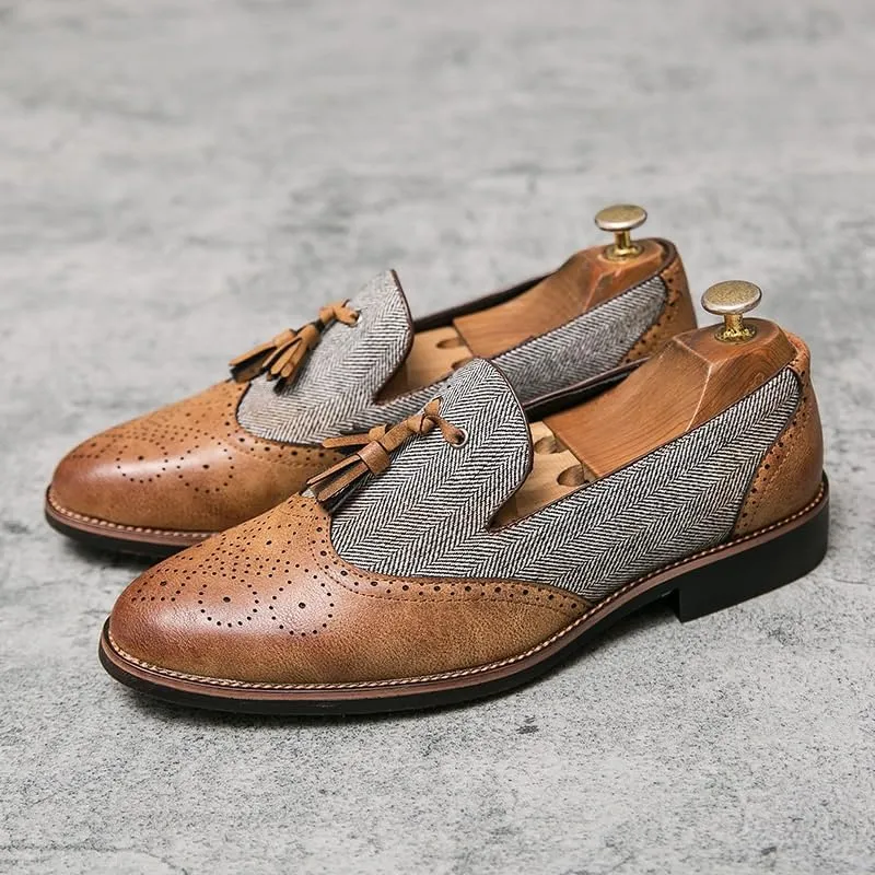Casual Business Walking Shoes for Men Dress Oxford Shoes for Men Slip On Square Burnished Toe Wingtip Two Tone with Tassel Boat Shoes Low Top Non Slip Rubber Sole Working