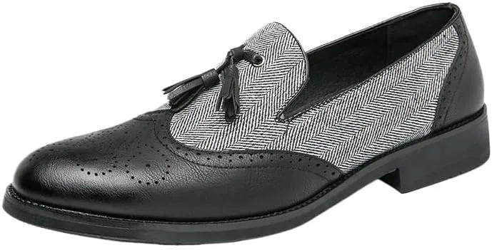 Casual Business Walking Shoes for Men Dress Oxford Shoes for Men Slip On Square Burnished Toe Wingtip Two Tone with Tassel Boat Shoes Low Top Non Slip Rubber Sole Working