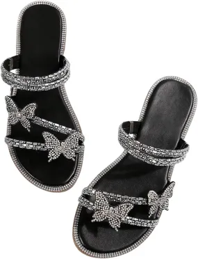 GORGLITTER Women's Sparkly Rhinestone Flat Sandals Glitter Bling Butterfly Strappy Open Toe Slides