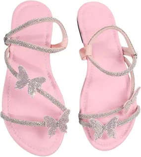 GORGLITTER Women's Sparkly Rhinestone Flat Sandals Glitter Bling Butterfly Strappy Open Toe Slides