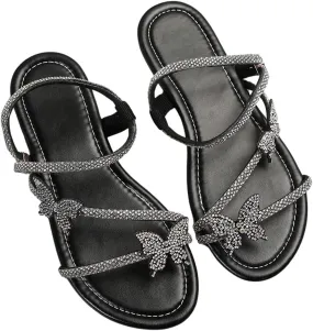 GORGLITTER Women's Sparkly Rhinestone Flat Sandals Glitter Bling Butterfly Strappy Open Toe Slides