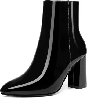Jiu du Ankle Boots for Women Chunky Heel GoGo Boots Pointed Toe Side Zipper Dressy Go Go Short Booties