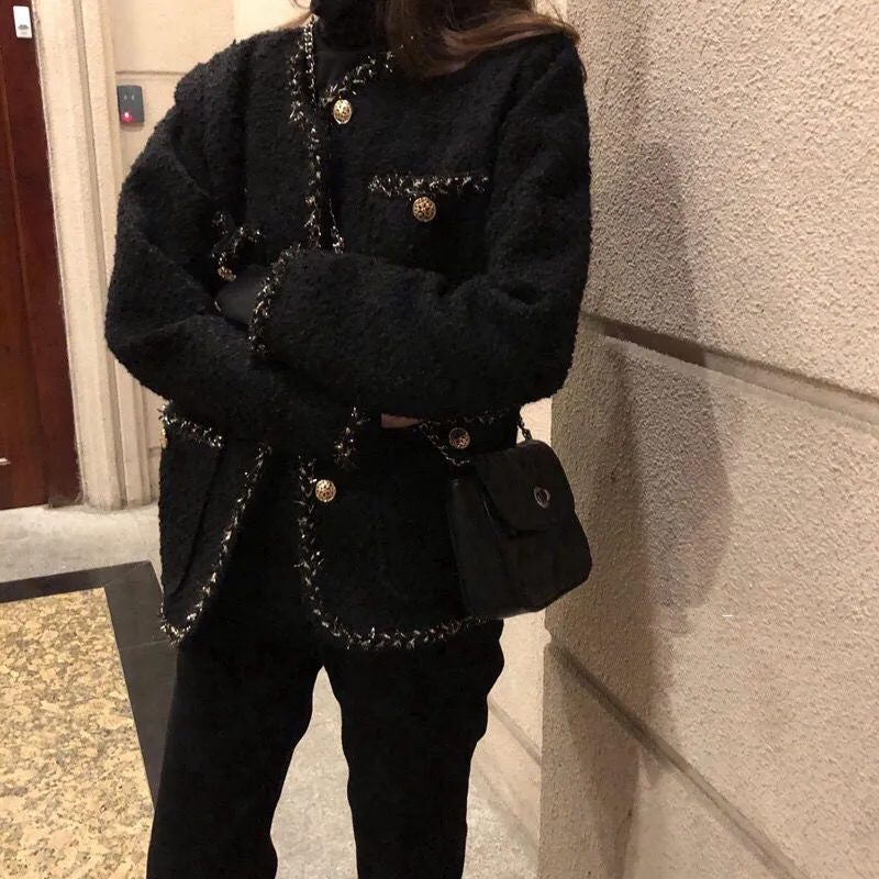 Joskaa Female Black Tweed Jacket Coat Women Outerwear Coats Channel Style Suit Cropped Stripeed Kawaii Round Neck Casual