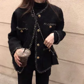 Joskaa Female Black Tweed Jacket Coat Women Outerwear Coats Channel Style Suit Cropped Stripeed Kawaii Round Neck Casual