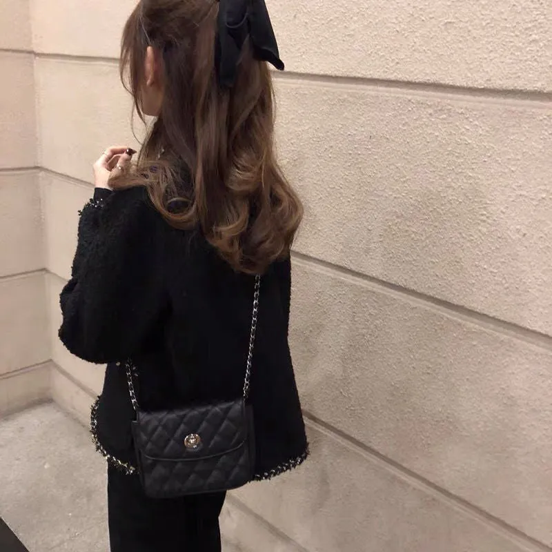 Joskaa Female Black Tweed Jacket Coat Women Outerwear Coats Channel Style Suit Cropped Stripeed Kawaii Round Neck Casual