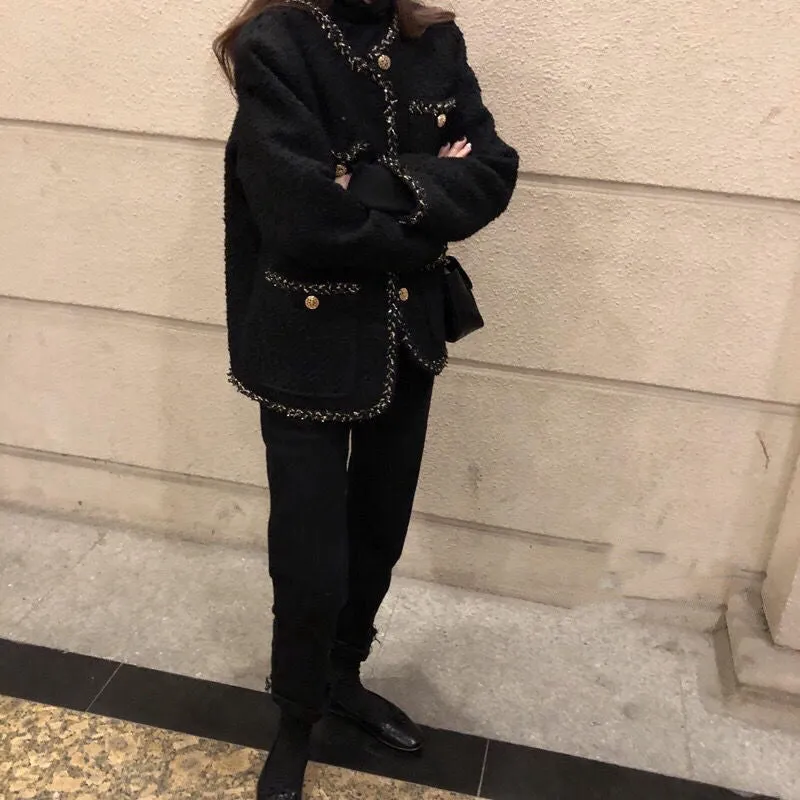 Joskaa Female Black Tweed Jacket Coat Women Outerwear Coats Channel Style Suit Cropped Stripeed Kawaii Round Neck Casual