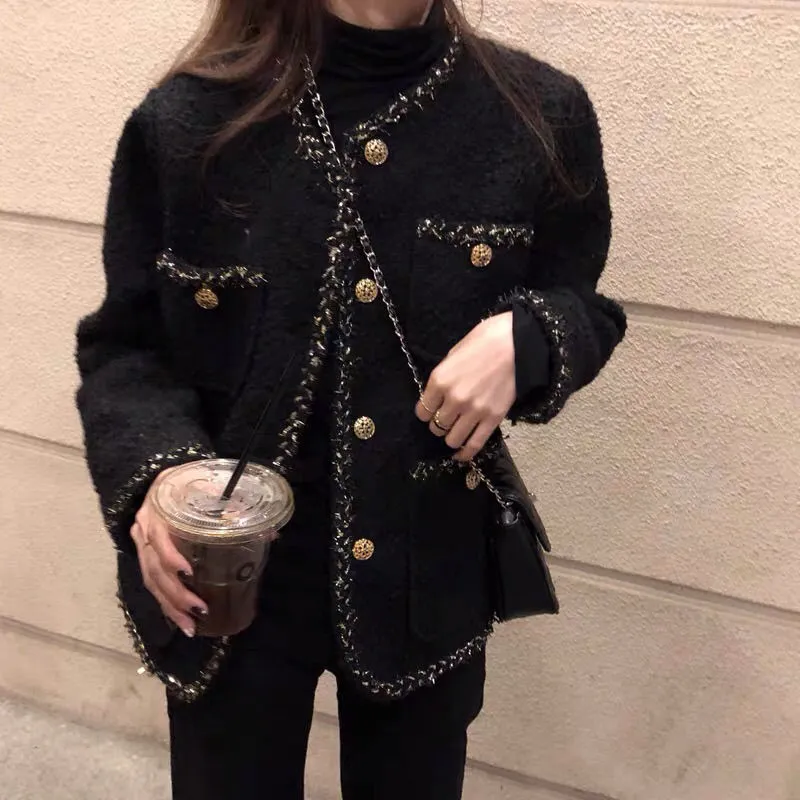 Joskaa Female Black Tweed Jacket Coat Women Outerwear Coats Channel Style Suit Cropped Stripeed Kawaii Round Neck Casual
