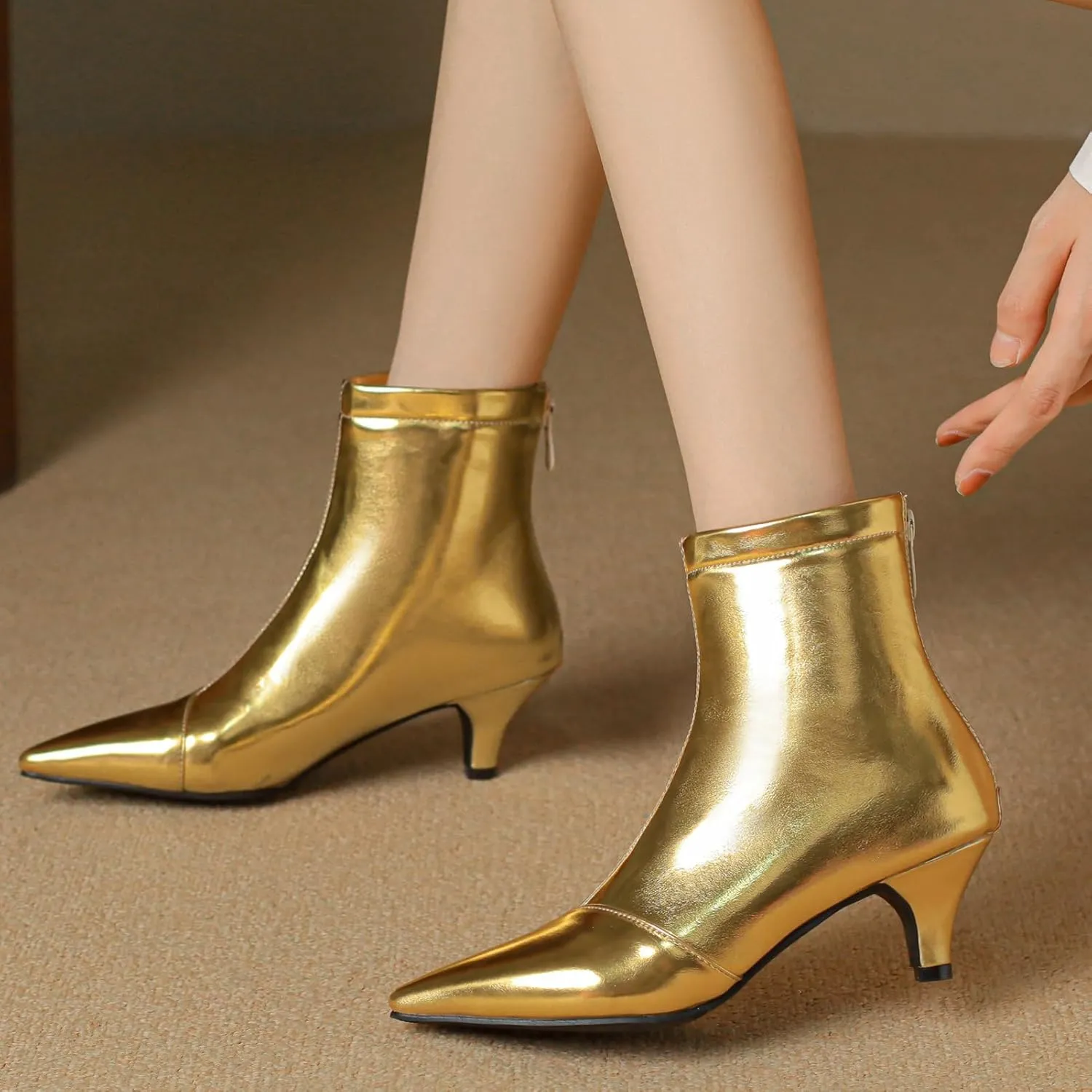 KysBloes Women Low Kitten Heel Boots Pointed Toe Ankle Boots for Ladies Metallic Boots Dress Shoes