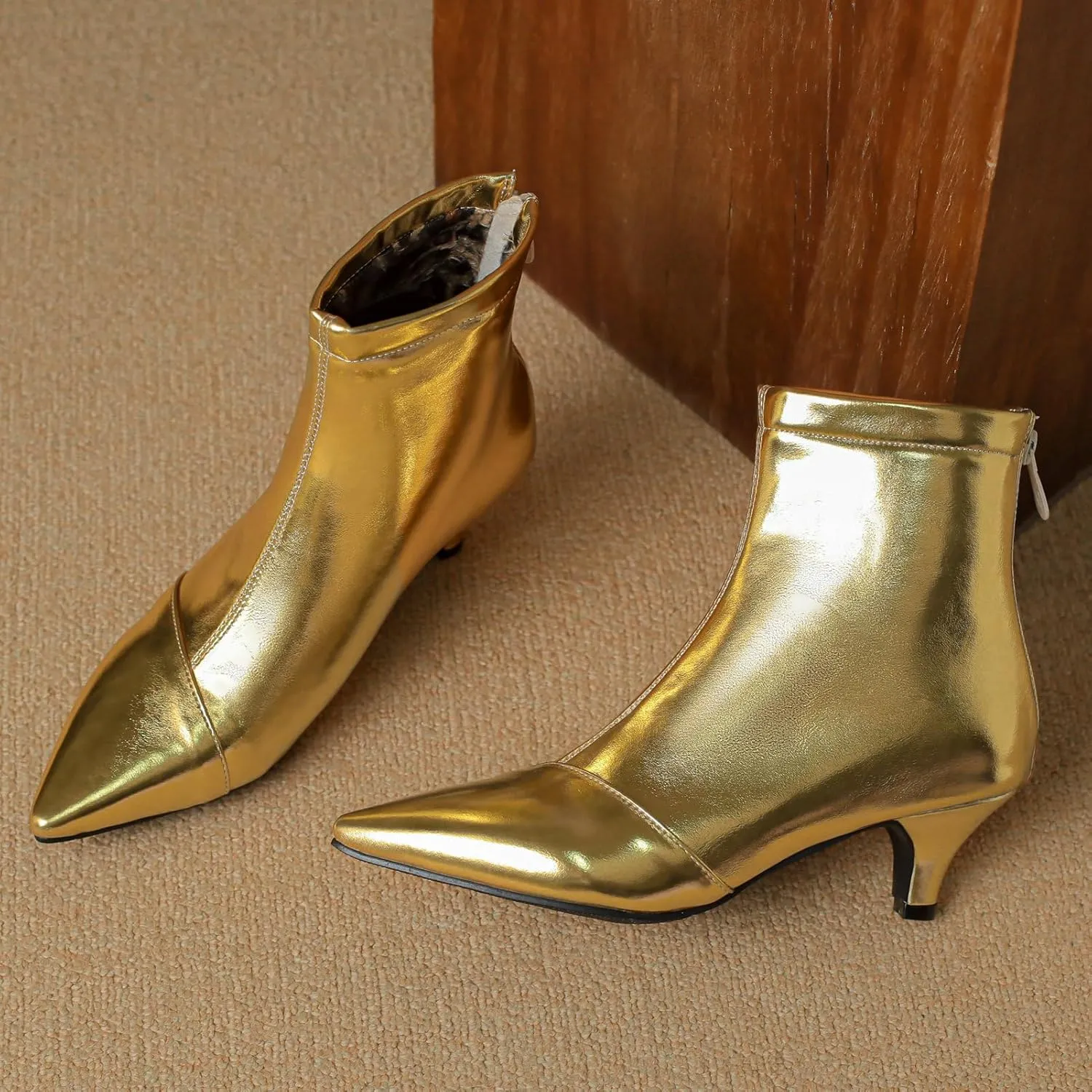 KysBloes Women Low Kitten Heel Boots Pointed Toe Ankle Boots for Ladies Metallic Boots Dress Shoes