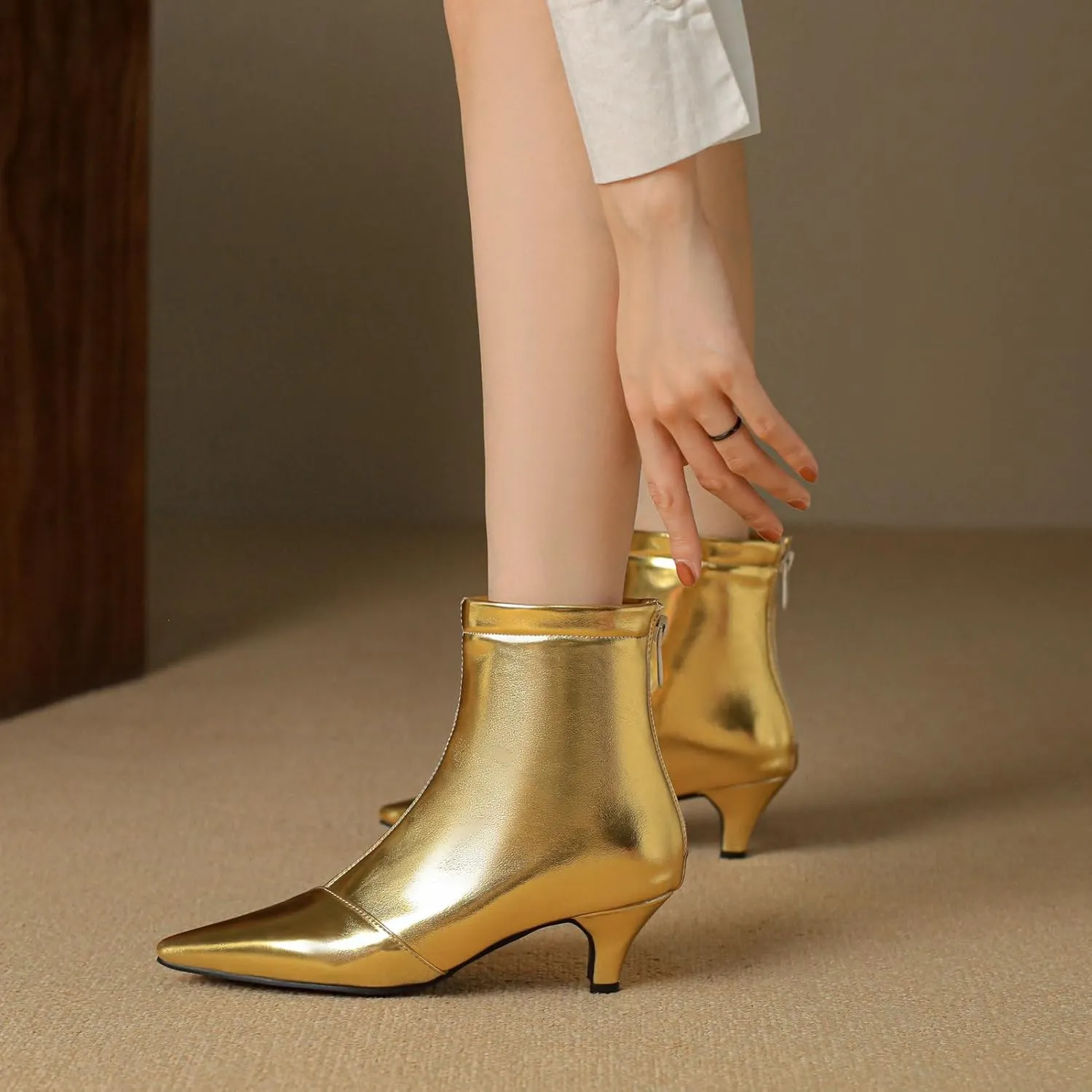 KysBloes Women Low Kitten Heel Boots Pointed Toe Ankle Boots for Ladies Metallic Boots Dress Shoes