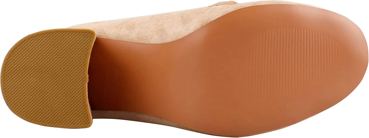 LEMUTISME Women's Elegant Faux Suede Round Toe Braided Strap Chunky Loafers Comfortable Mid Block Heel Slip On 2IN Dress Pumps Shoes for Work Office