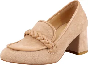 LEMUTISME Women's Elegant Faux Suede Round Toe Braided Strap Chunky Loafers Comfortable Mid Block Heel Slip On 2IN Dress Pumps Shoes for Work Office