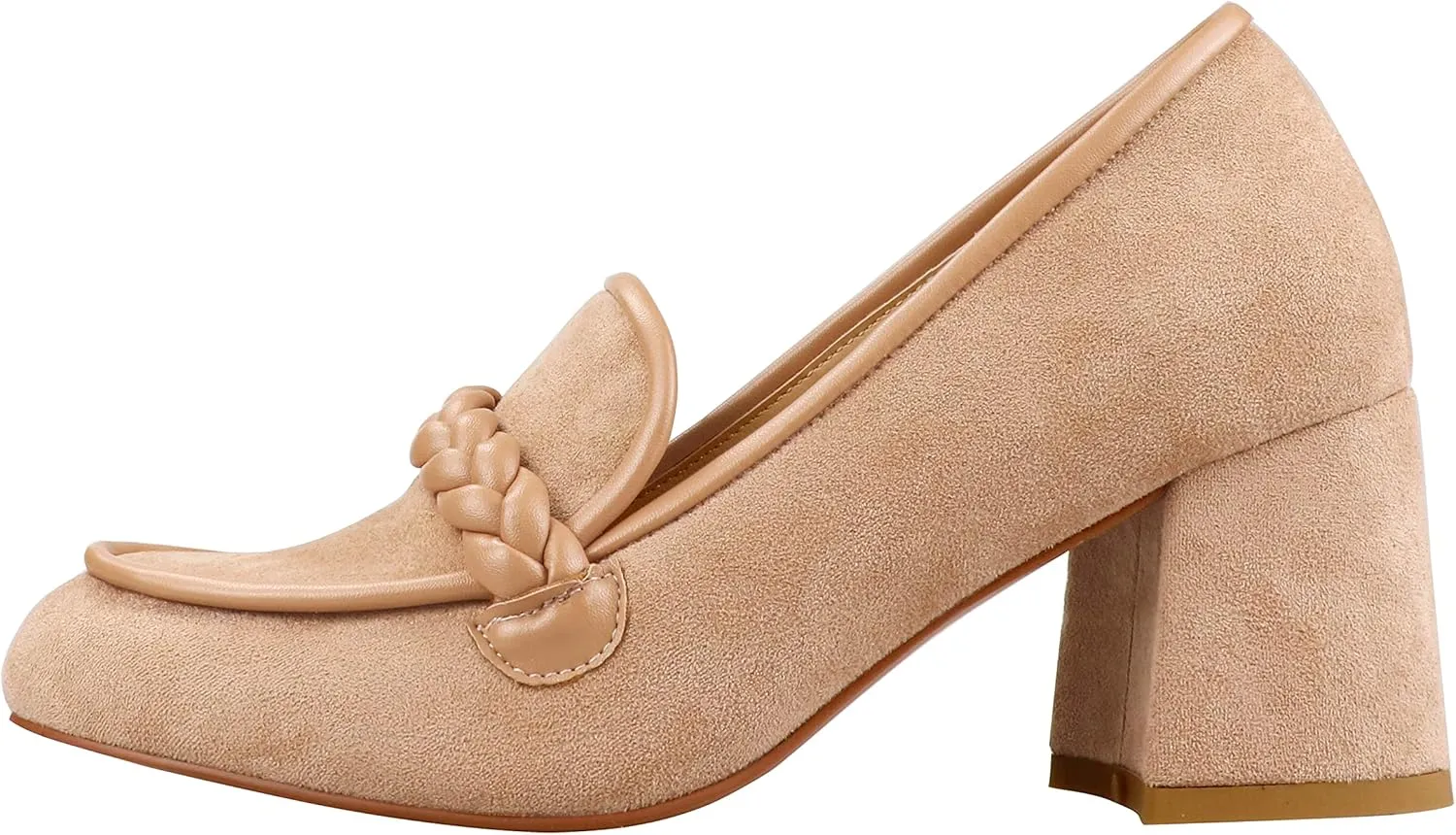 LEMUTISME Women's Elegant Faux Suede Round Toe Braided Strap Chunky Loafers Comfortable Mid Block Heel Slip On 2IN Dress Pumps Shoes for Work Office