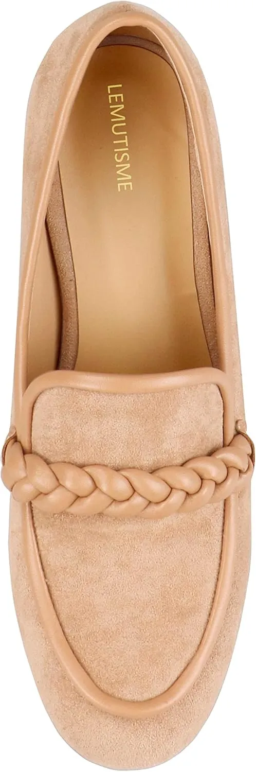 LEMUTISME Women's Elegant Faux Suede Round Toe Braided Strap Chunky Loafers Comfortable Mid Block Heel Slip On 2IN Dress Pumps Shoes for Work Office