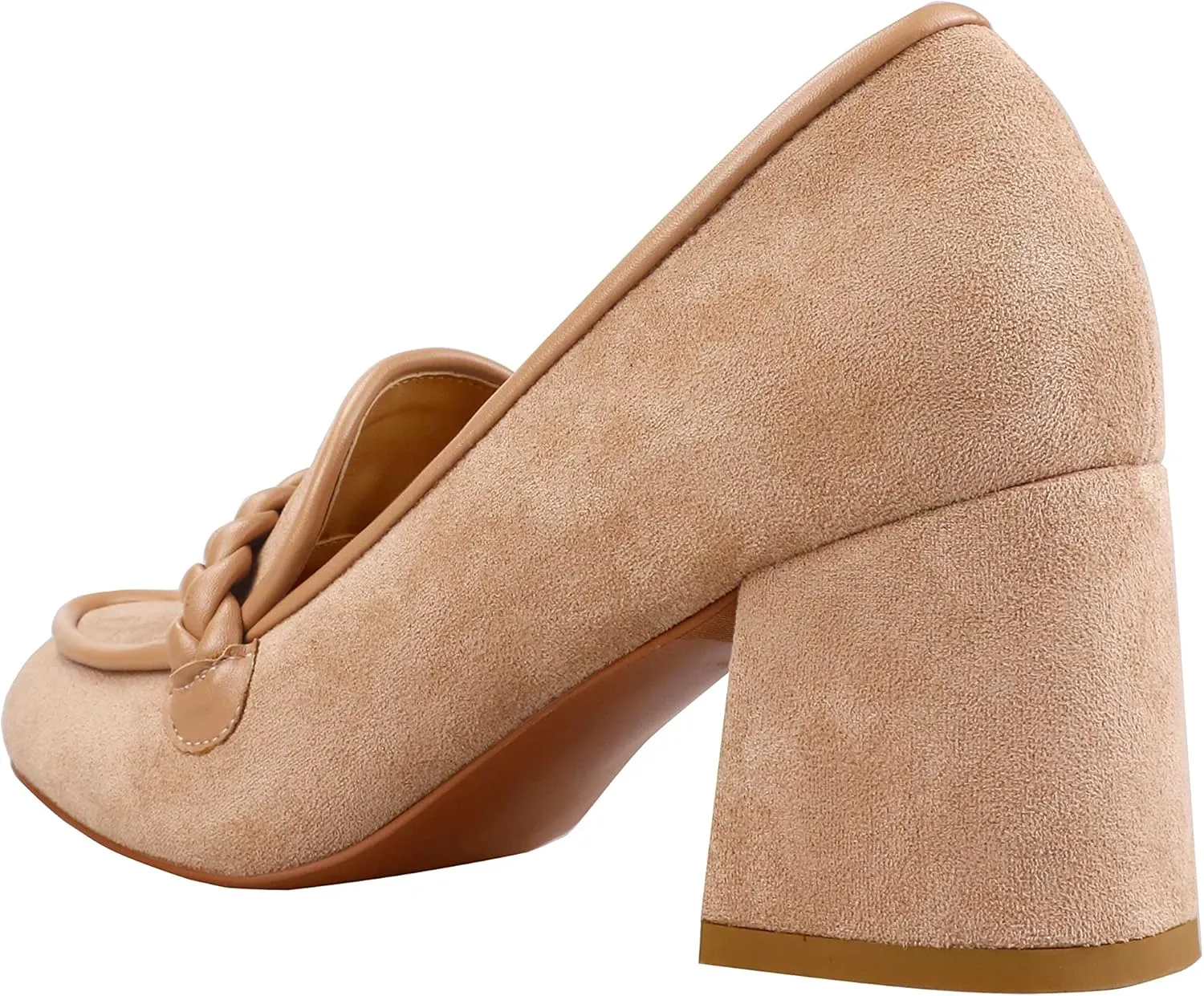 LEMUTISME Women's Elegant Faux Suede Round Toe Braided Strap Chunky Loafers Comfortable Mid Block Heel Slip On 2IN Dress Pumps Shoes for Work Office
