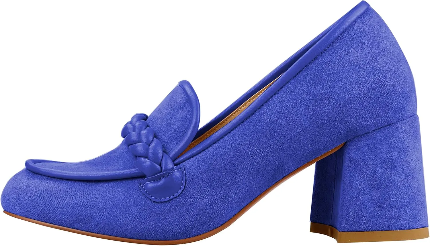 LEMUTISME Women's Elegant Faux Suede Round Toe Braided Strap Chunky Loafers Comfortable Mid Block Heel Slip On 2IN Dress Pumps Shoes for Work Office