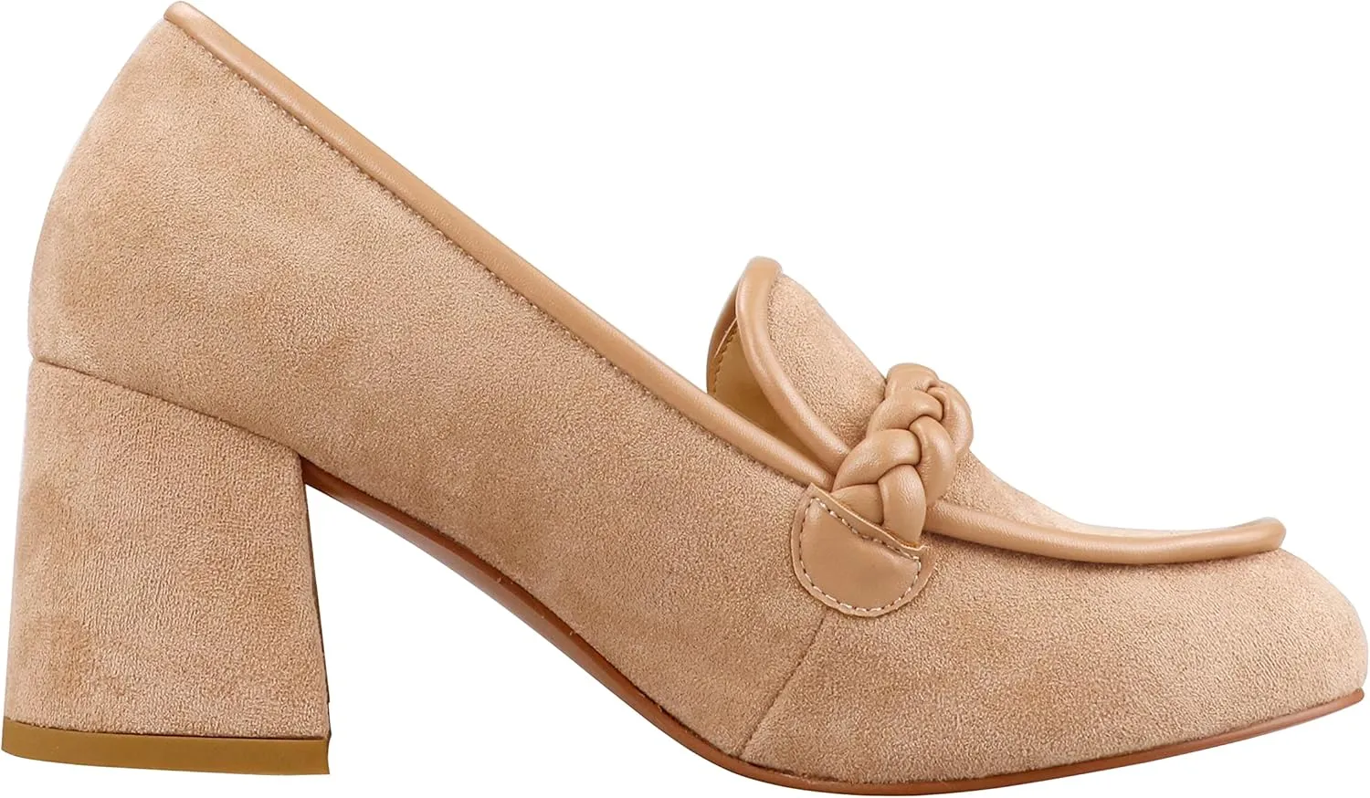 LEMUTISME Women's Elegant Faux Suede Round Toe Braided Strap Chunky Loafers Comfortable Mid Block Heel Slip On 2IN Dress Pumps Shoes for Work Office
