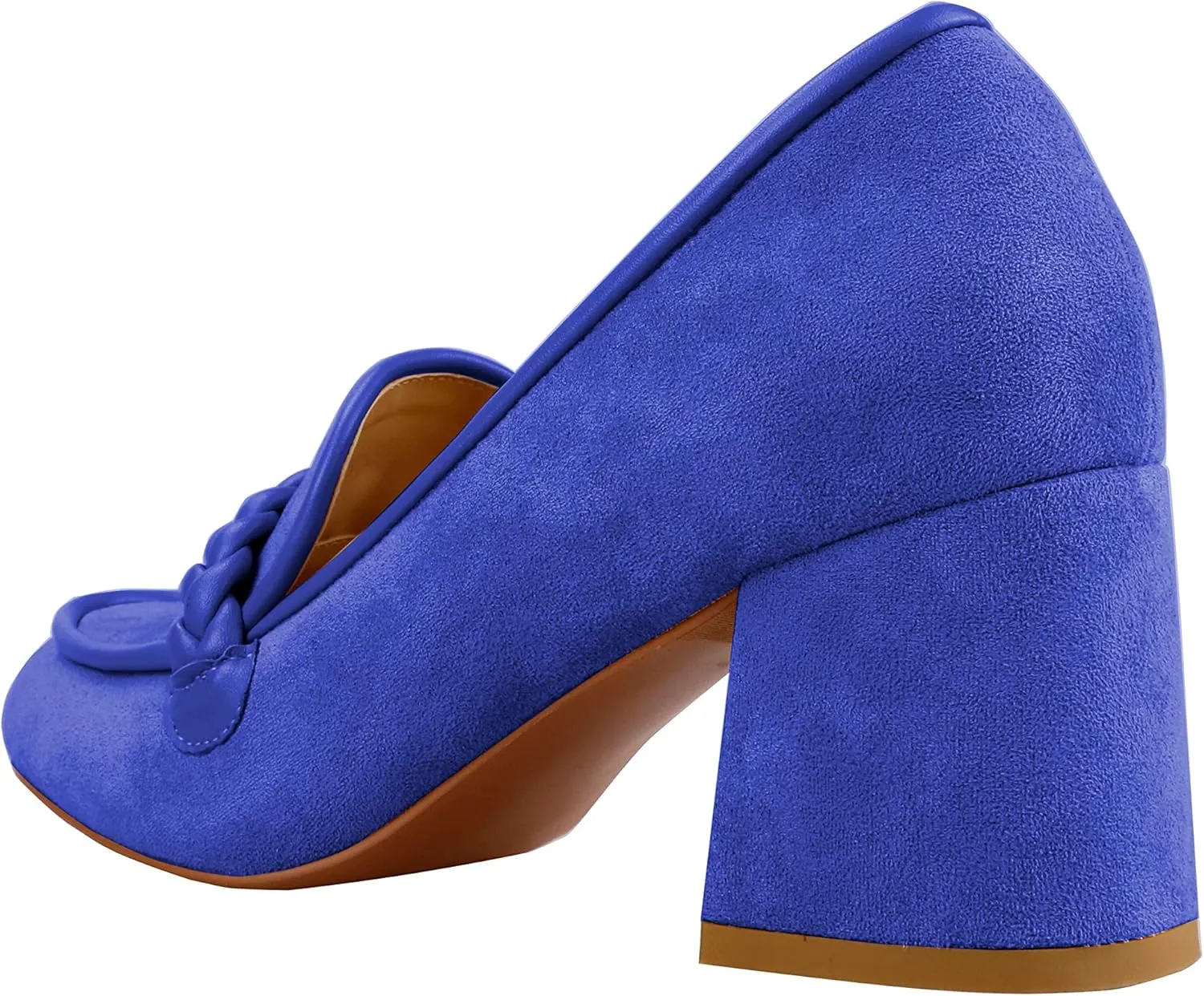 LEMUTISME Women's Elegant Faux Suede Round Toe Braided Strap Chunky Loafers Comfortable Mid Block Heel Slip On 2IN Dress Pumps Shoes for Work Office