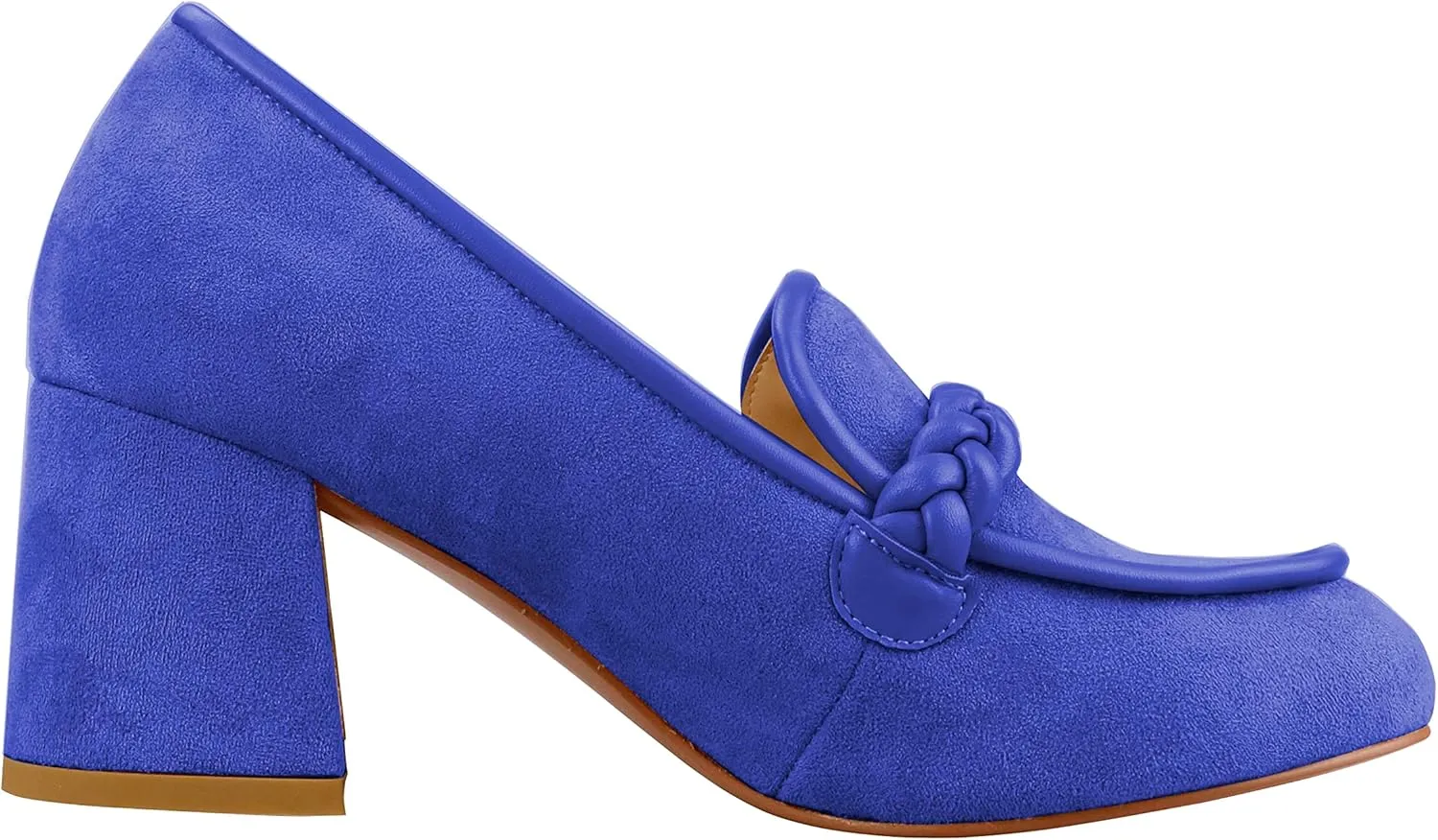 LEMUTISME Women's Elegant Faux Suede Round Toe Braided Strap Chunky Loafers Comfortable Mid Block Heel Slip On 2IN Dress Pumps Shoes for Work Office