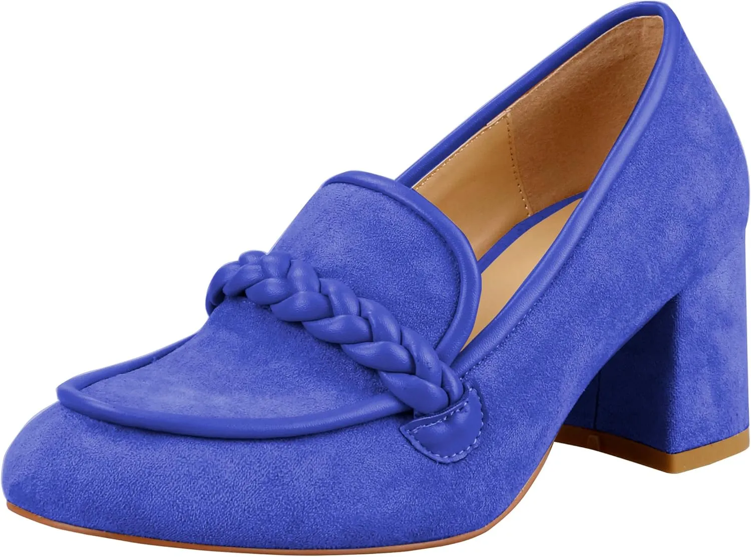 LEMUTISME Women's Elegant Faux Suede Round Toe Braided Strap Chunky Loafers Comfortable Mid Block Heel Slip On 2IN Dress Pumps Shoes for Work Office