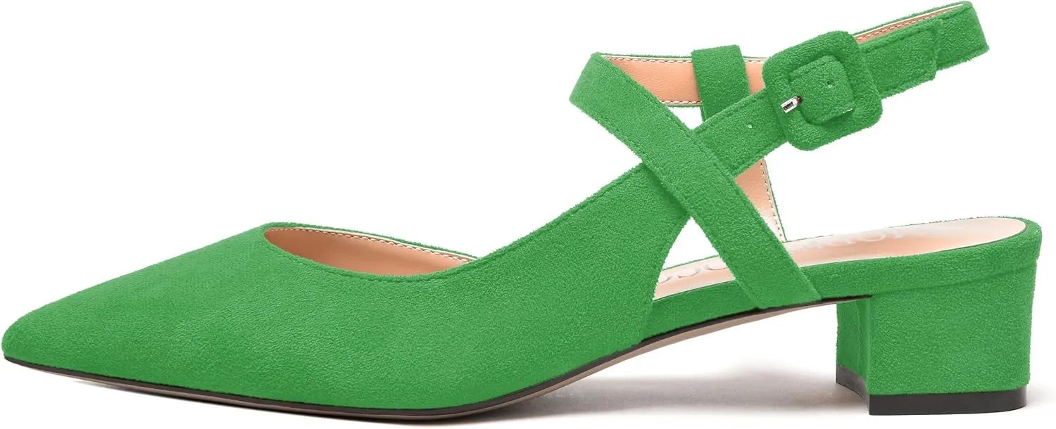 MODENCOCO Womens Comfortable Wedding Suede Pointed Toe Dress Ankle Strap Buckle Chunky Low Heel Pumps Shoes 1.5 Inch