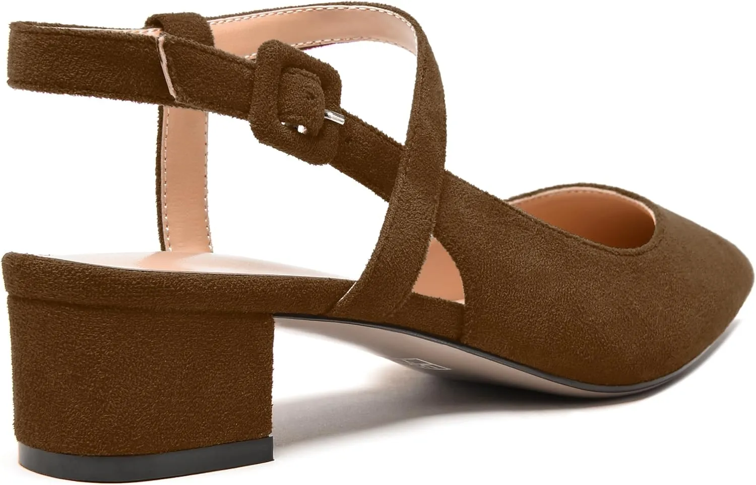 MODENCOCO Womens Comfortable Wedding Suede Pointed Toe Dress Ankle Strap Buckle Chunky Low Heel Pumps Shoes 1.5 Inch