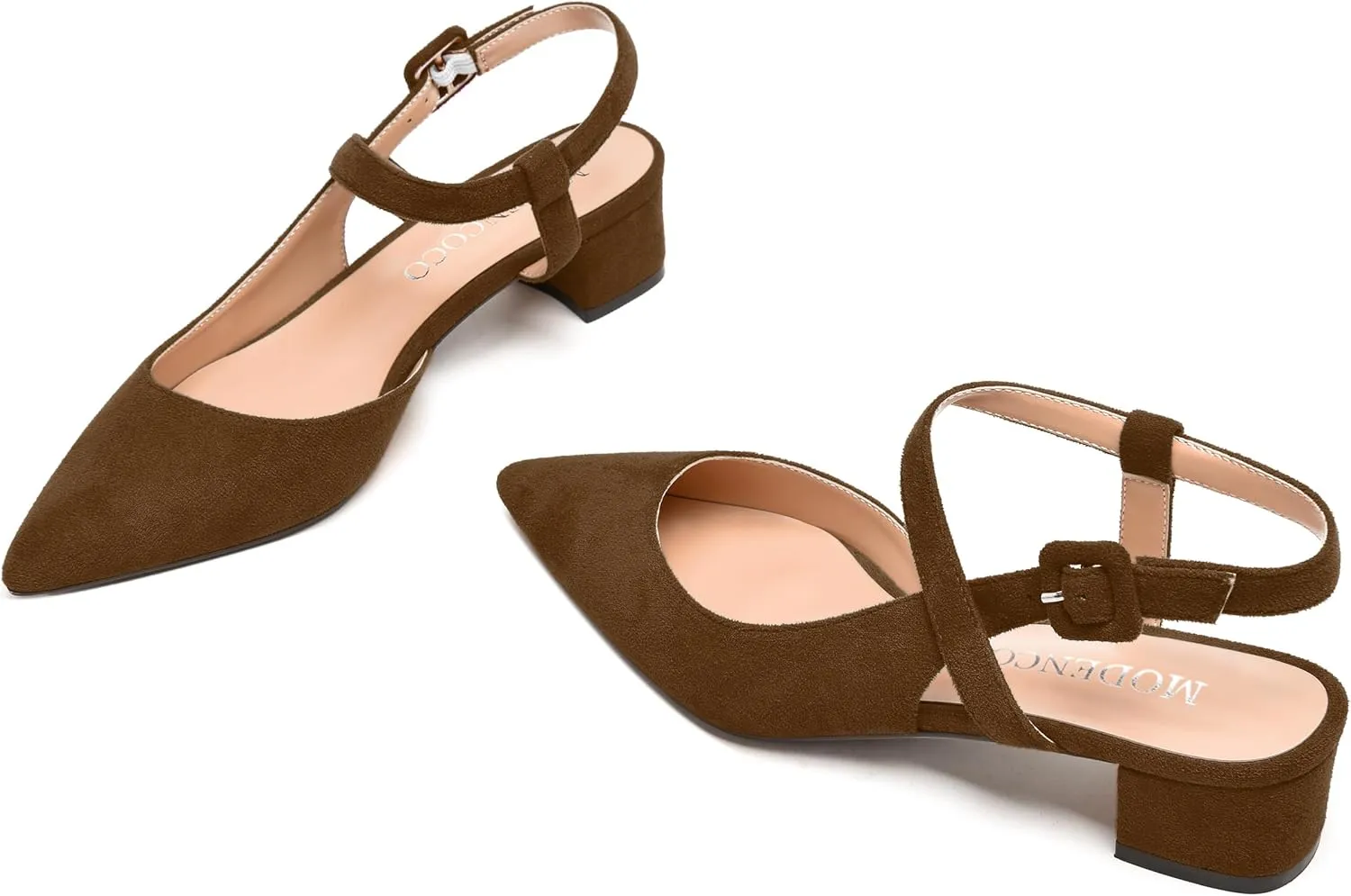 MODENCOCO Womens Comfortable Wedding Suede Pointed Toe Dress Ankle Strap Buckle Chunky Low Heel Pumps Shoes 1.5 Inch