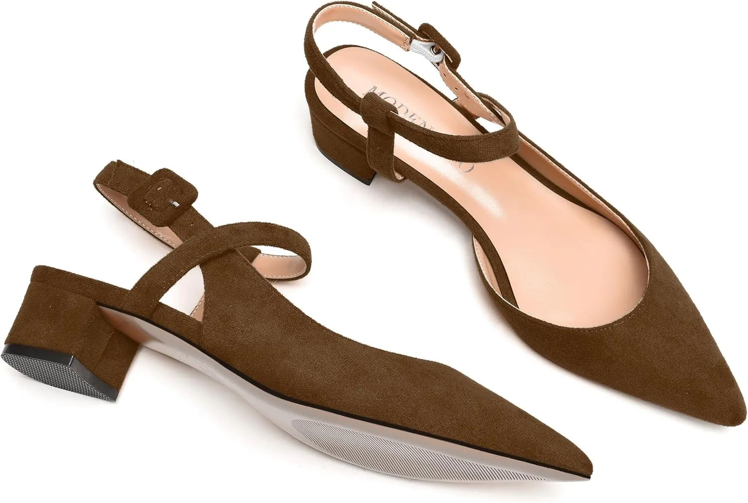 MODENCOCO Womens Comfortable Wedding Suede Pointed Toe Dress Ankle Strap Buckle Chunky Low Heel Pumps Shoes 1.5 Inch