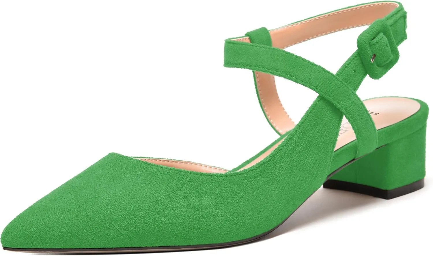 MODENCOCO Womens Comfortable Wedding Suede Pointed Toe Dress Ankle Strap Buckle Chunky Low Heel Pumps Shoes 1.5 Inch