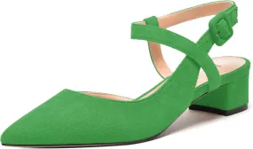 MODENCOCO Womens Comfortable Wedding Suede Pointed Toe Dress Ankle Strap Buckle Chunky Low Heel Pumps Shoes 1.5 Inch
